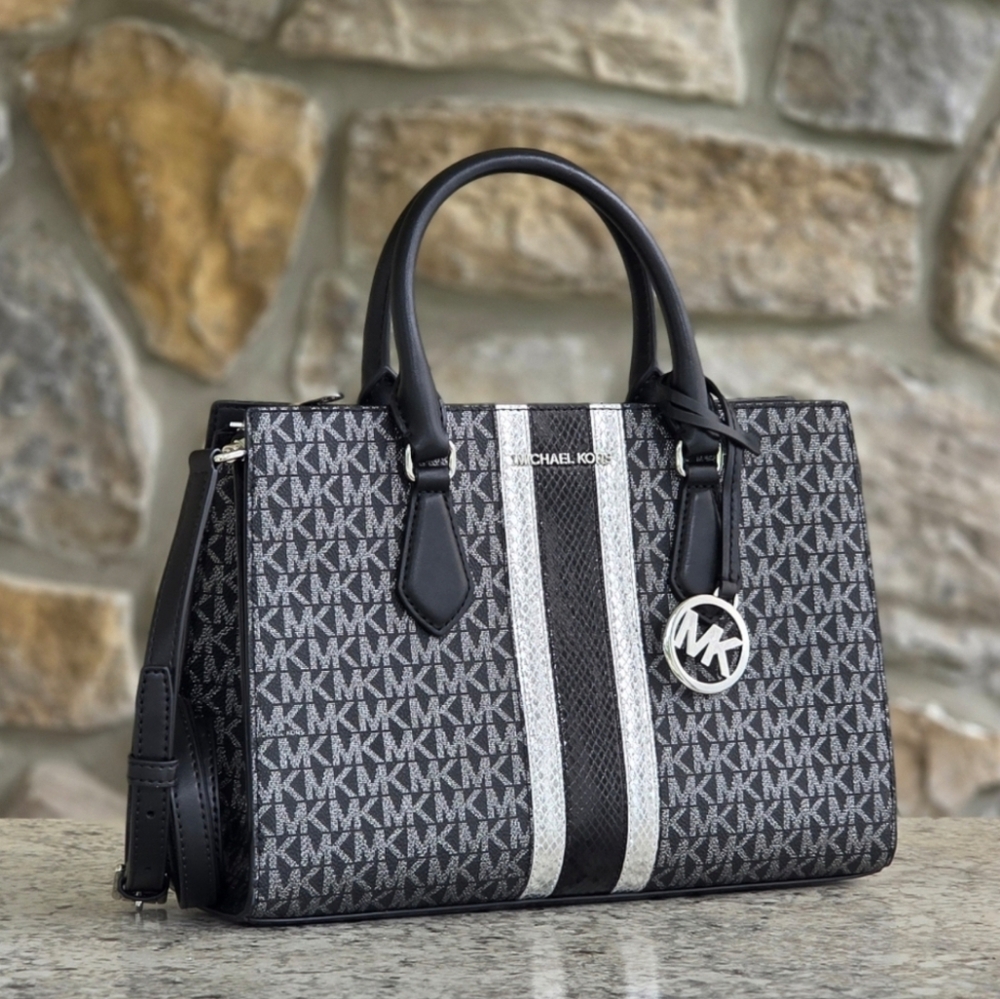 Michael Kors Sheila Medium Center Stripe Black Logo Satchel